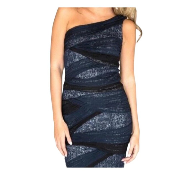 Tadashi Shoji Dress Womens Size 12 Navy Blue Sequin One Shoulder Ruched Cocktail - Picture 1 of 8